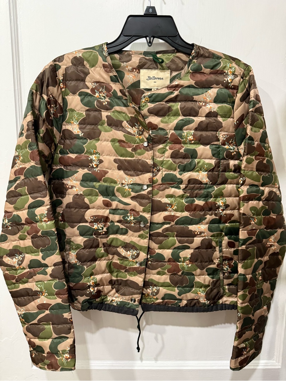 Bellerose Quilted Down Camo Flowers Jacket Packable Tan Green Snap Front EUC M